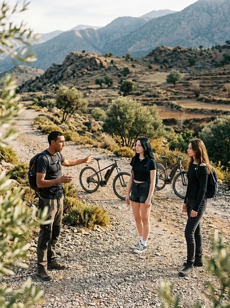 Paesaggio dell’Alto Atlante a Ouirgane: guide and two guests beside mountain bikes