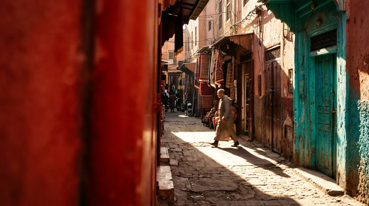 Sunlit passage in Marrakech medina with turquoise shopfronts