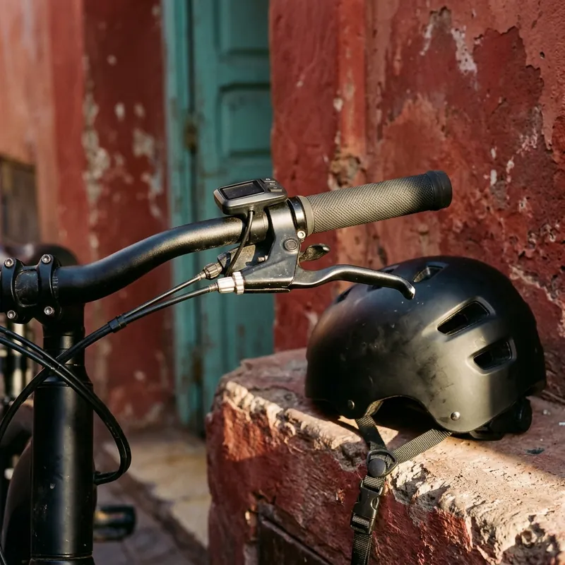 Close-up of a bicycle helmet, handgrip and brake lever