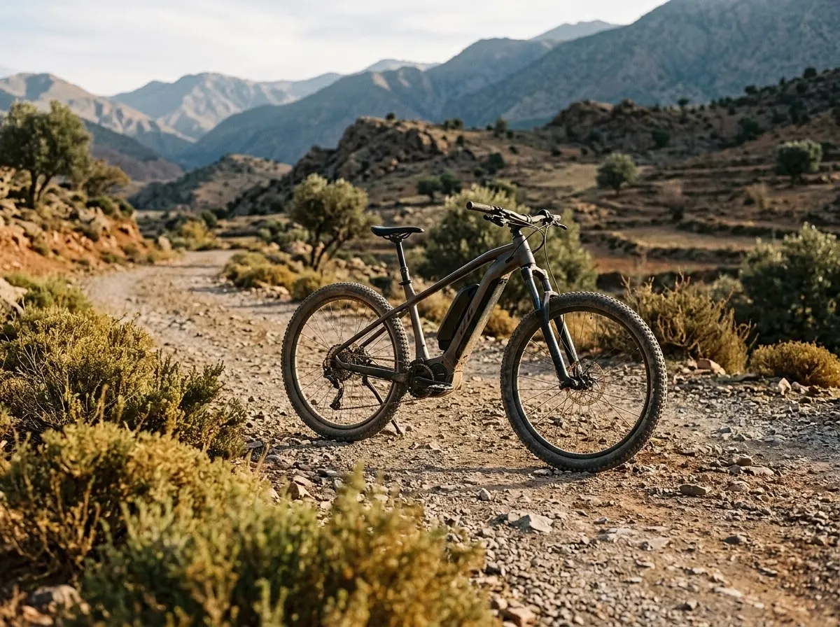 Paesaggio dell’Alto Atlante a Ouirgane: a parked electric mountain bike