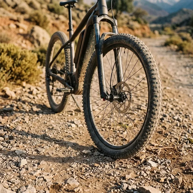 Gros plan sur le pneu avant, la fourche et la roue d’un VTT électrique