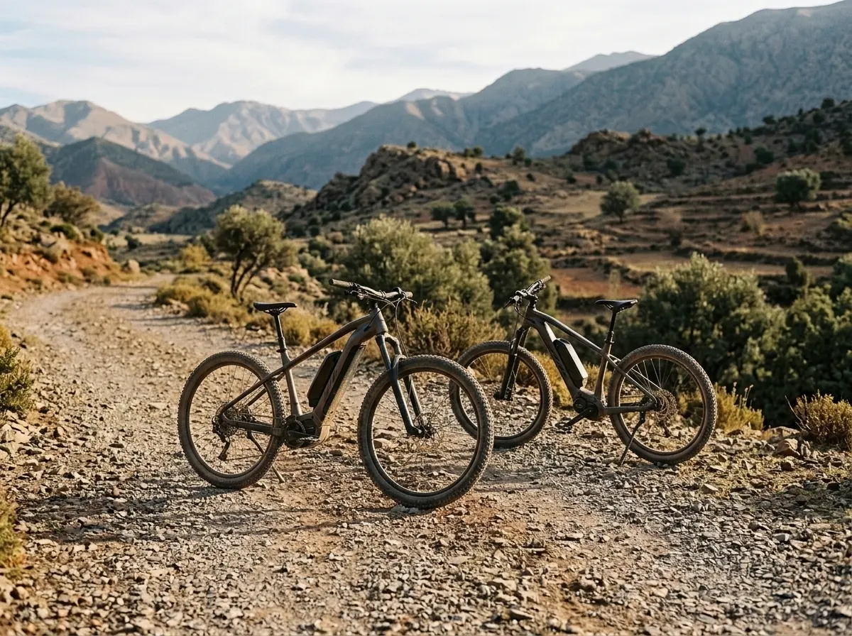 Westlicher Hoher Atlas bei Ouirgane: two parked electric mountain bikes on a trail