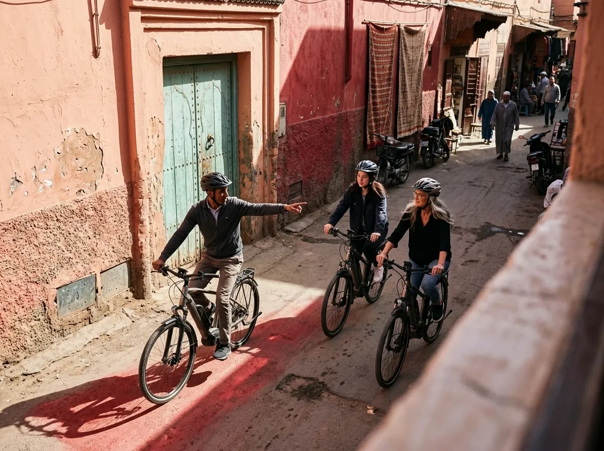 Local guide leads two visitors on electric bicycles through Marrakech