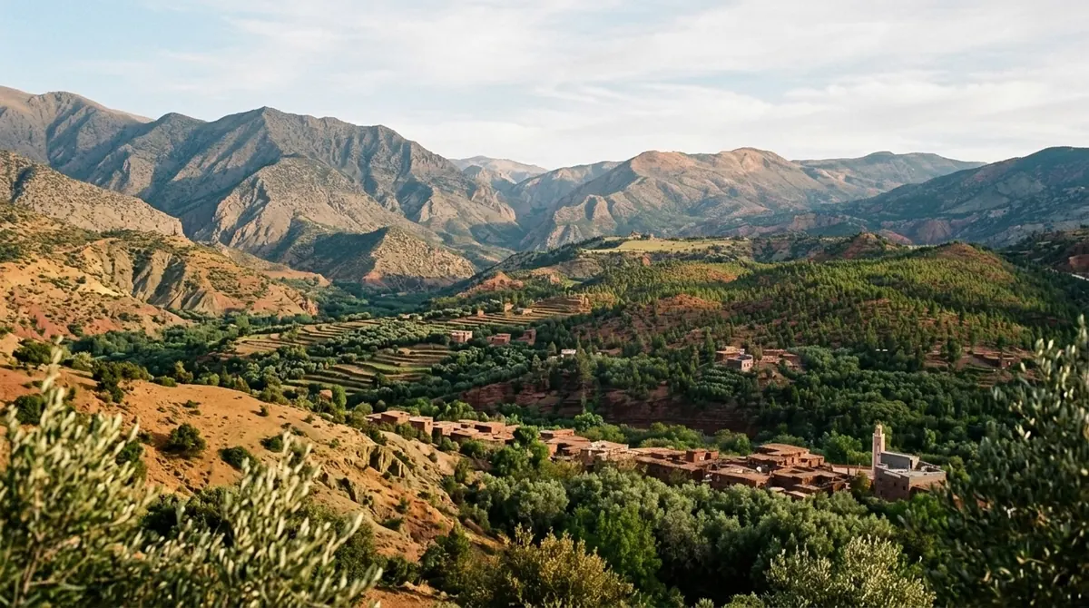 Paesaggio dell’Alto Atlante a Ouirgane: panorama of mountain valley and olive groves