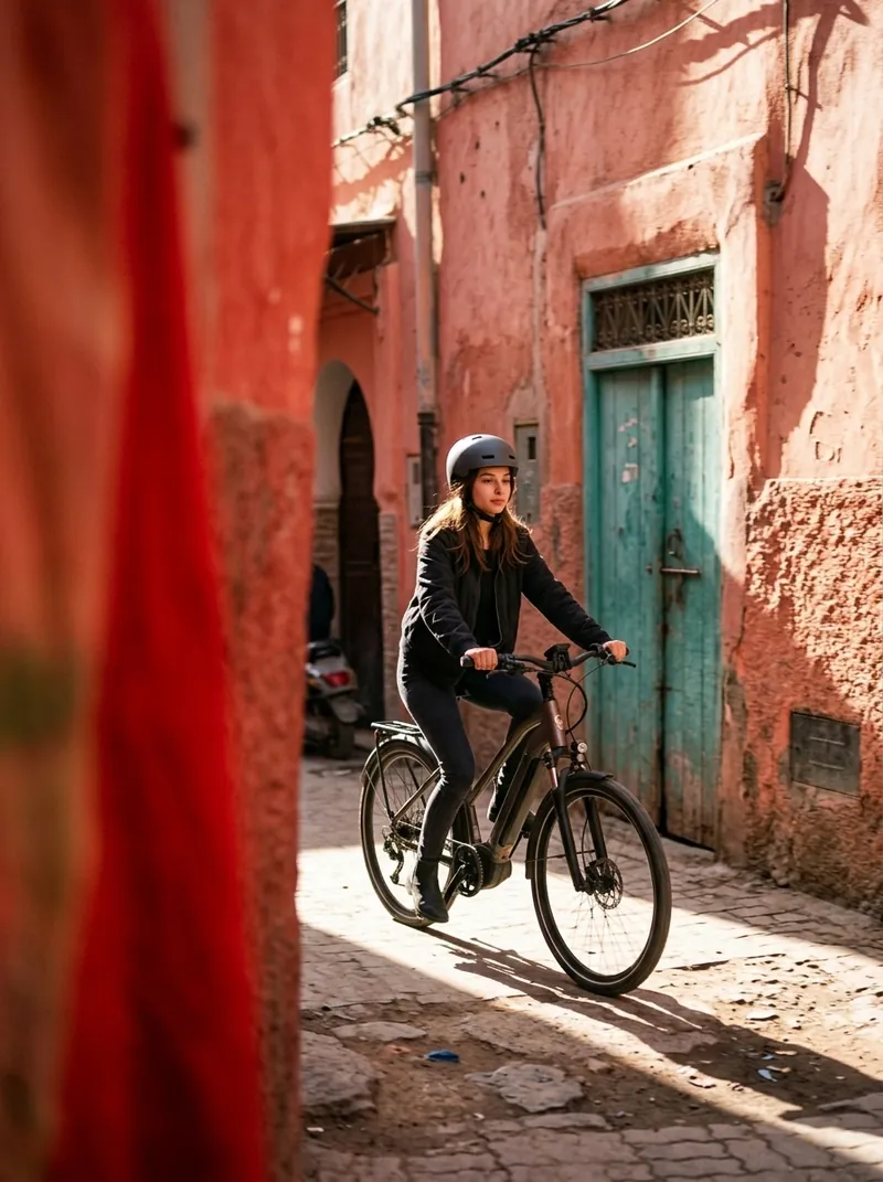 Solo traveler riding an electric bike past red walls and a turquoise doorway in Marrakech