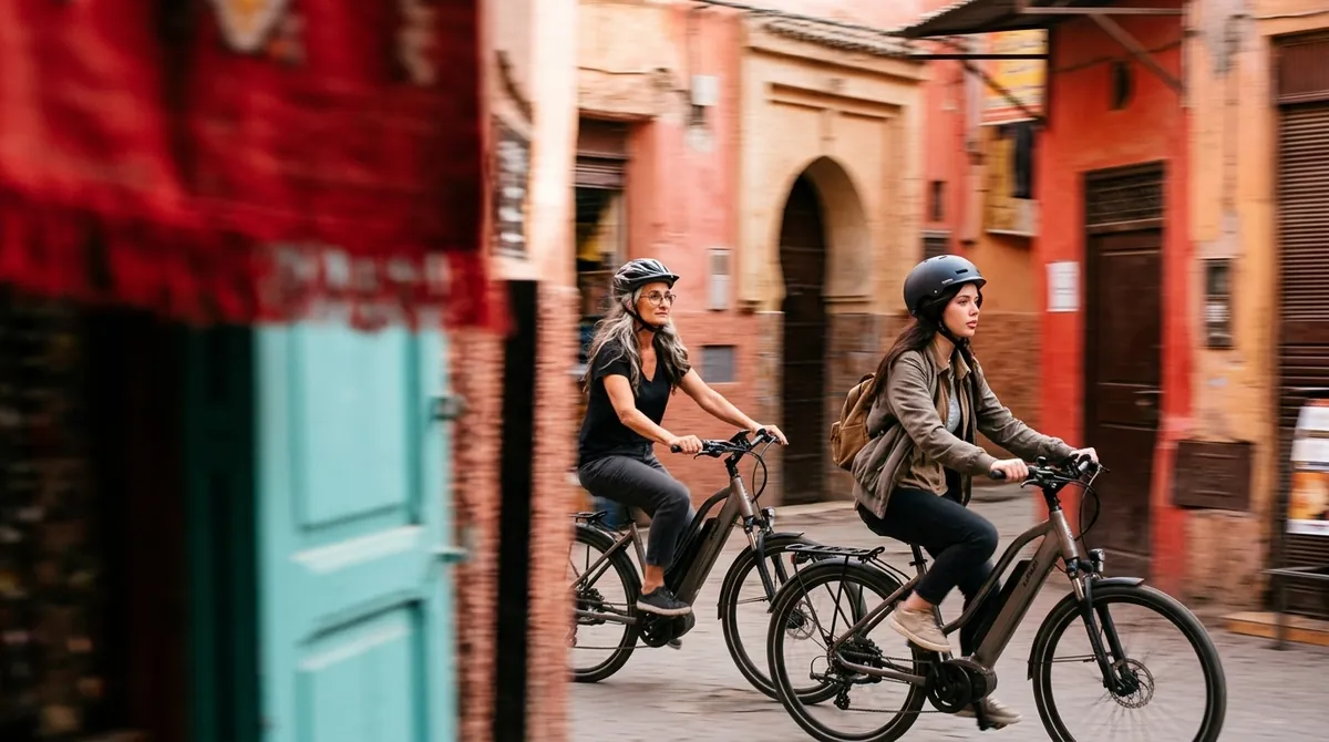 Two riders cycling through Marrakech with colorful motion-blurred surroundings