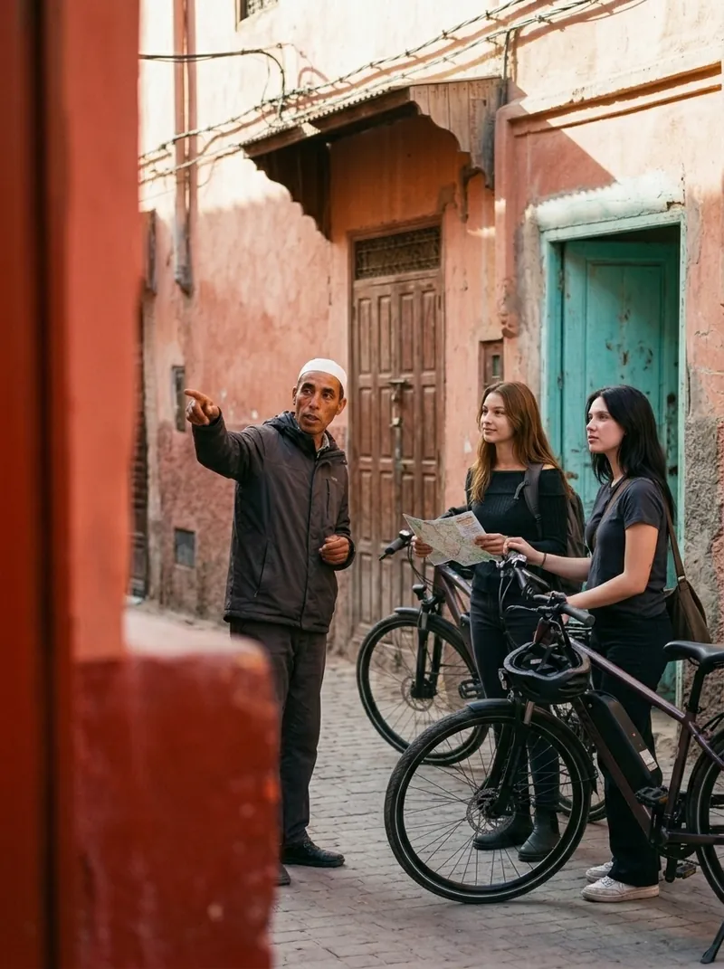 Local guide introduces two visitors to Marrakech beside their electric bicycles
