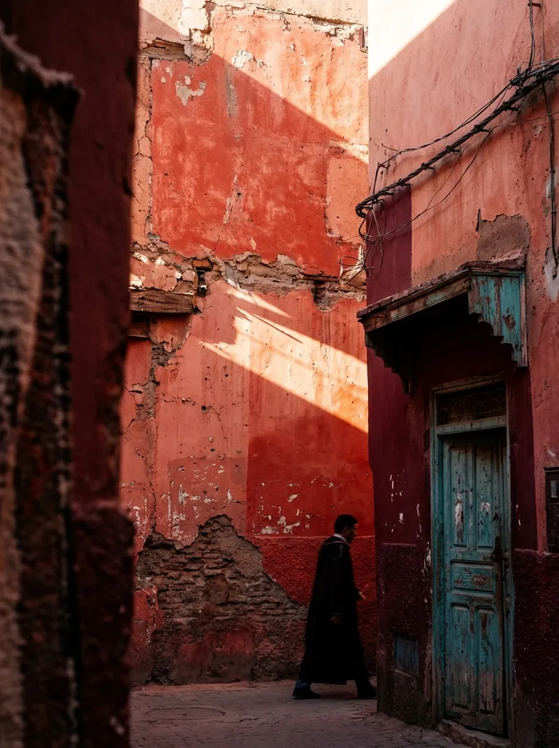 A pedestrian passes through a red-walled street in the historic Marrakech medina