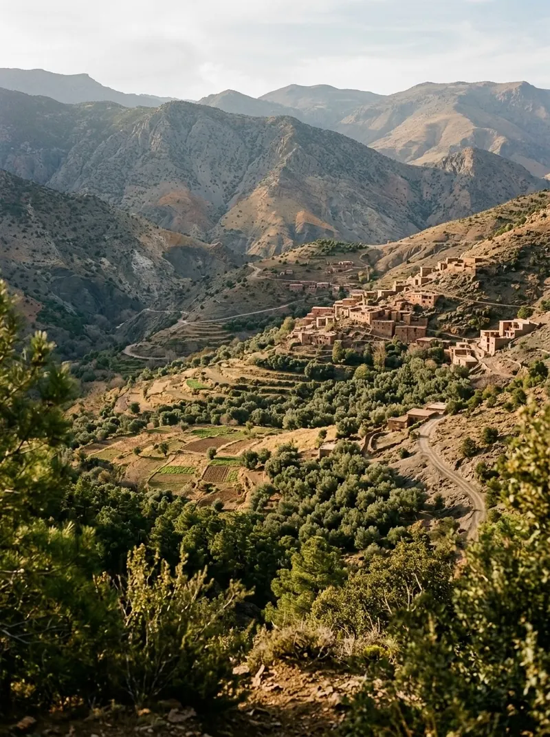 Paesaggio dell’Alto Atlante a Ouirgane: mountain valley terraces and rural village