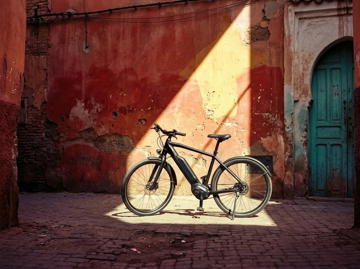 Black electric city bicycle parked in sunlight against a terracotta Marrakech wall